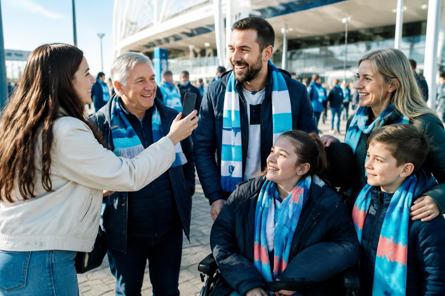 Creator recording supporters sharing a moment at an accessible stadium gathering