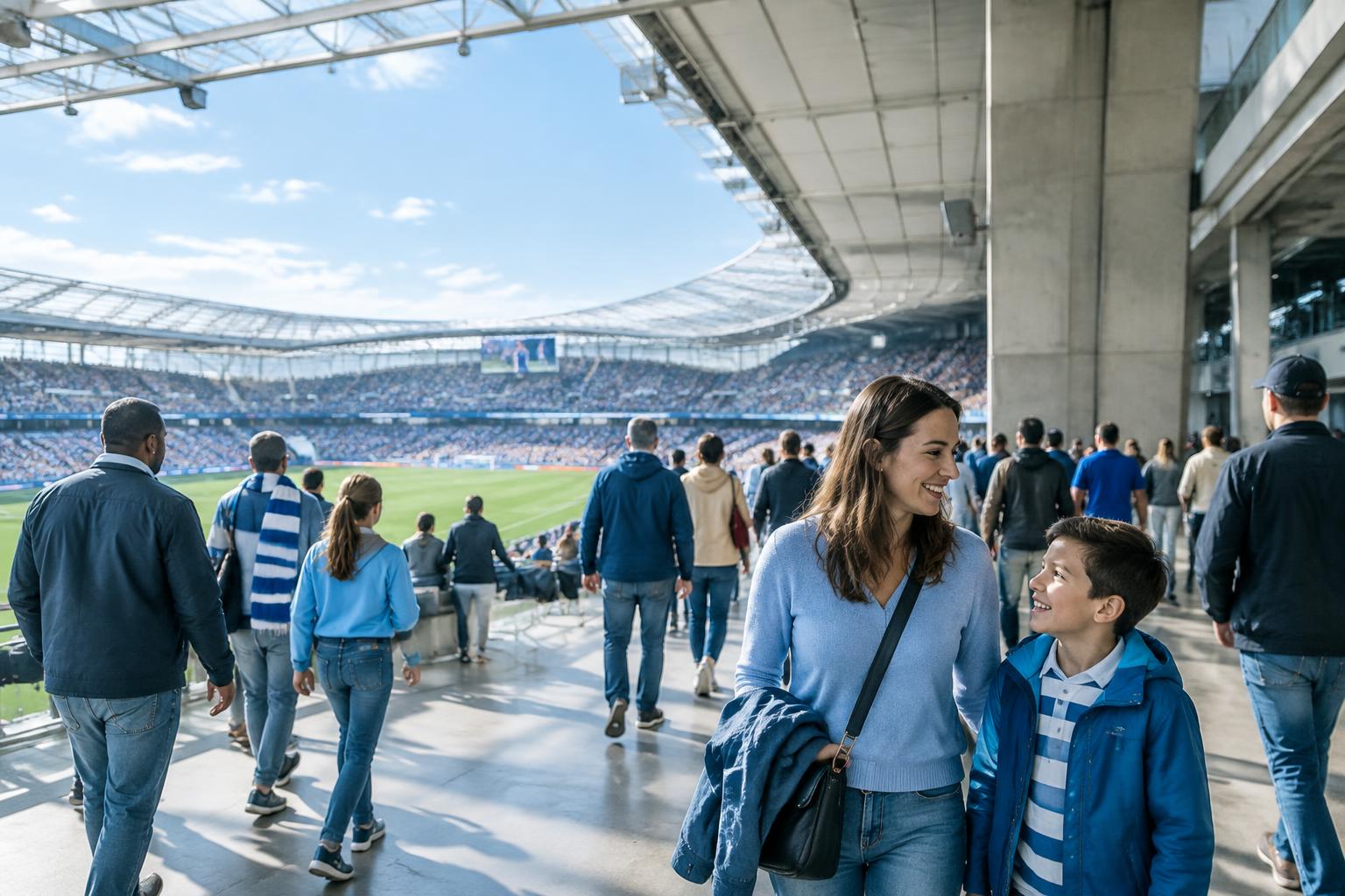 Family sharing a smile as supporters enter a bright stadium concourse