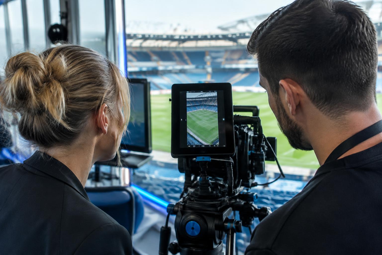 Two sports producers reviewing a vertical camera frame overlooking a football pitch