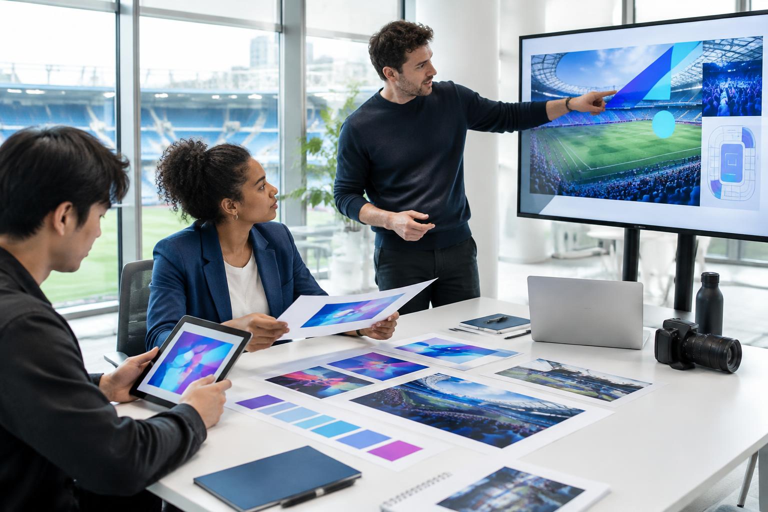 Creative team reviewing a stadium activation plan and artwork together