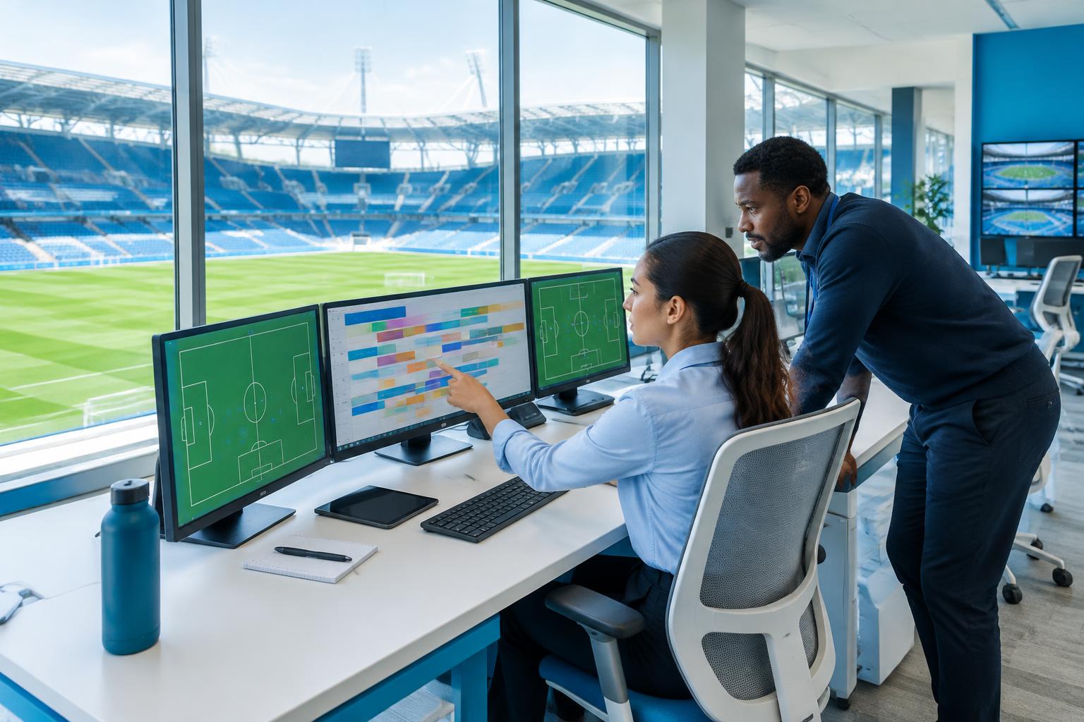 Venue operators coordinating screen schedules overlooking a football pitch