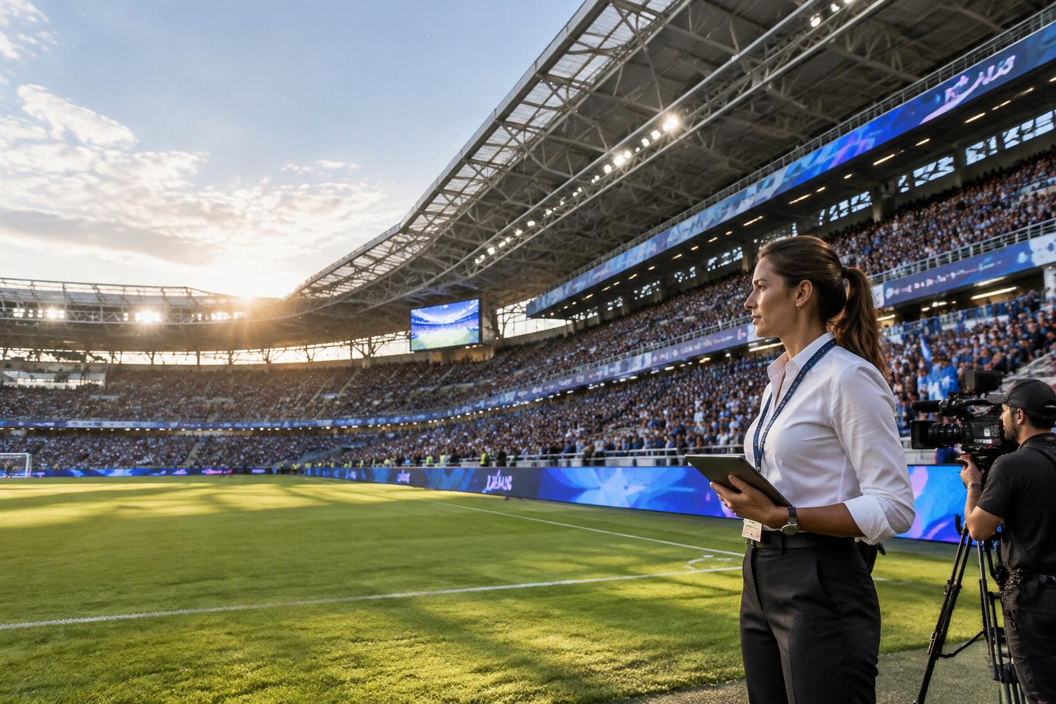 Event director overseeing a live football stadium with coordinated perimeter displays