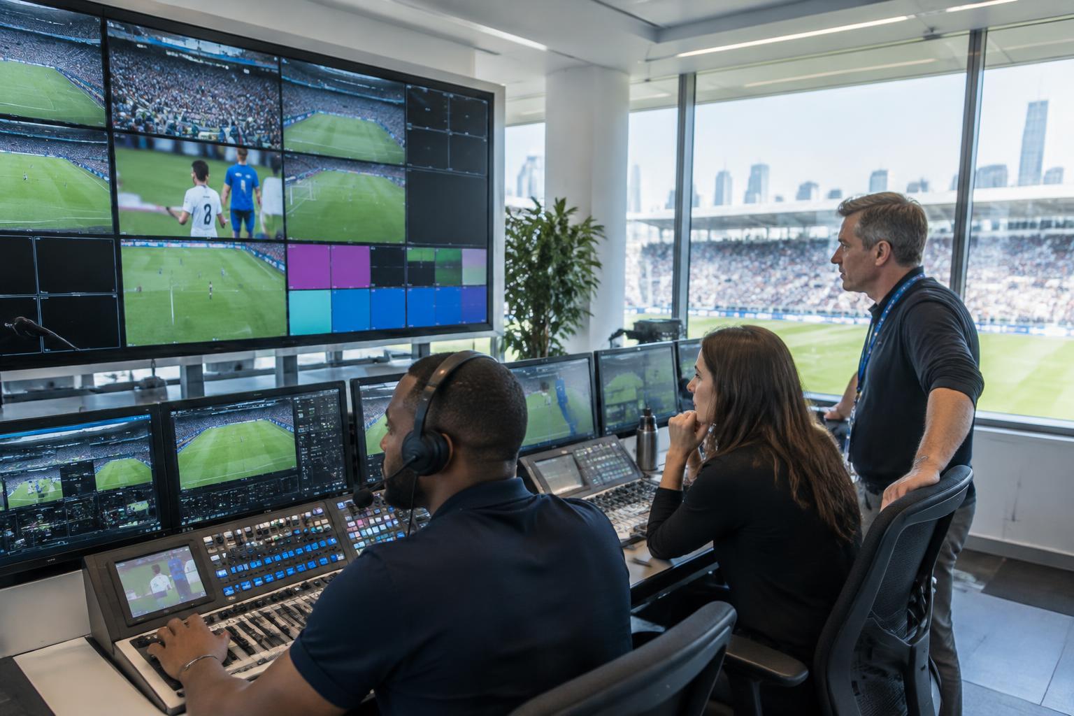 Broadcast engineers coordinating football feeds in a stadium production studio