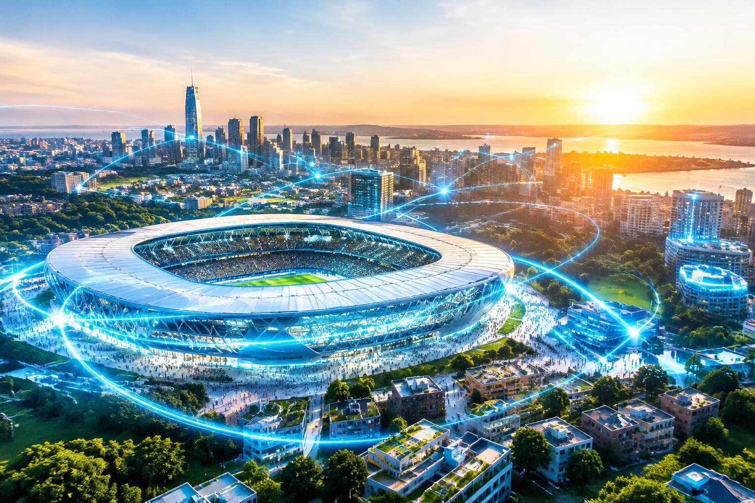 Aerial of a bright stadium at golden hour with blue light ribbons connecting it to the city