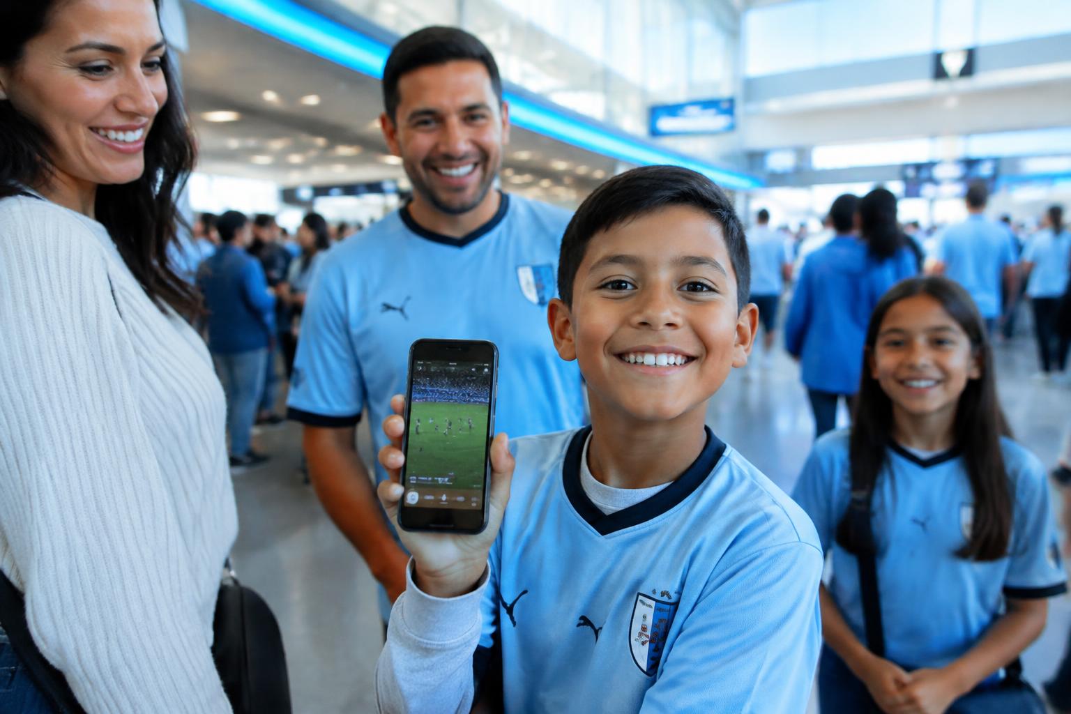 Smiling family in a stadium concourse, a child showing a live vertical replay on a phone